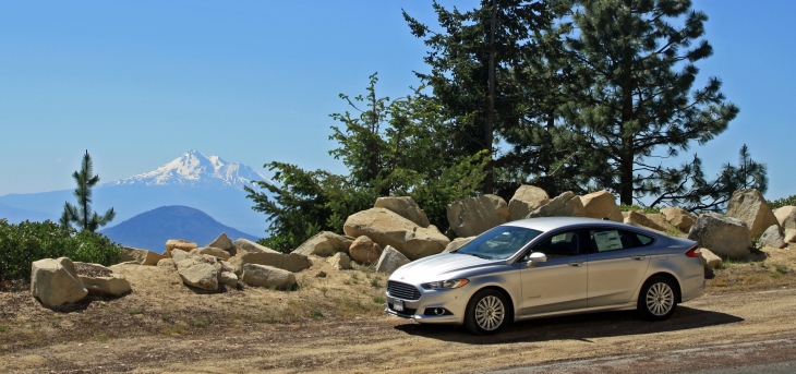 2013 Ford Fusion Hybrid with Mt. Shasta in the background.